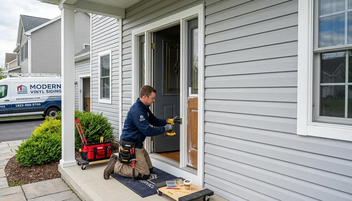 Technician repairing warped exterior door at Orlando FL home by Next Level Exteriors