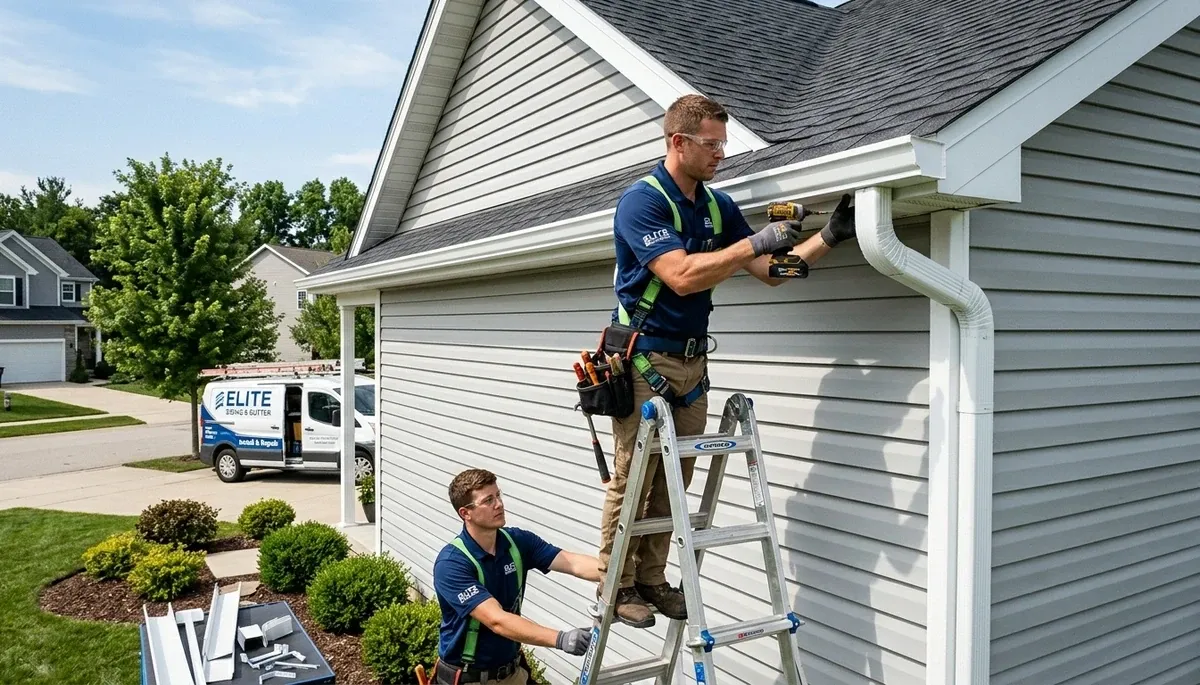 Technician repairing home gutters and vinyl siding in Orlando FL for Next Level Exteriors service page