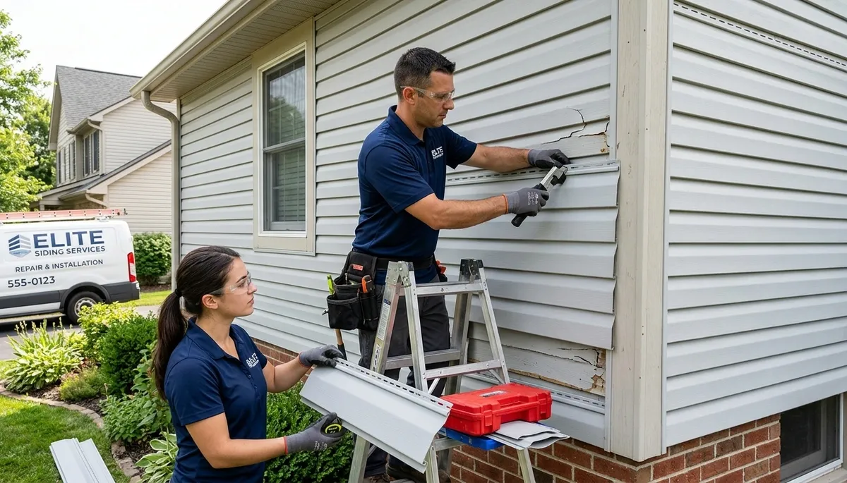 Technician repairing cracked vinyl siding on Orlando FL home exterior by Next Level Exteriors