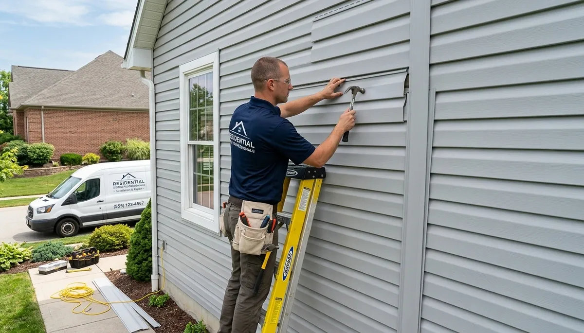 Technician repairing damaged vinyl siding on home exterior in Orlando, FL