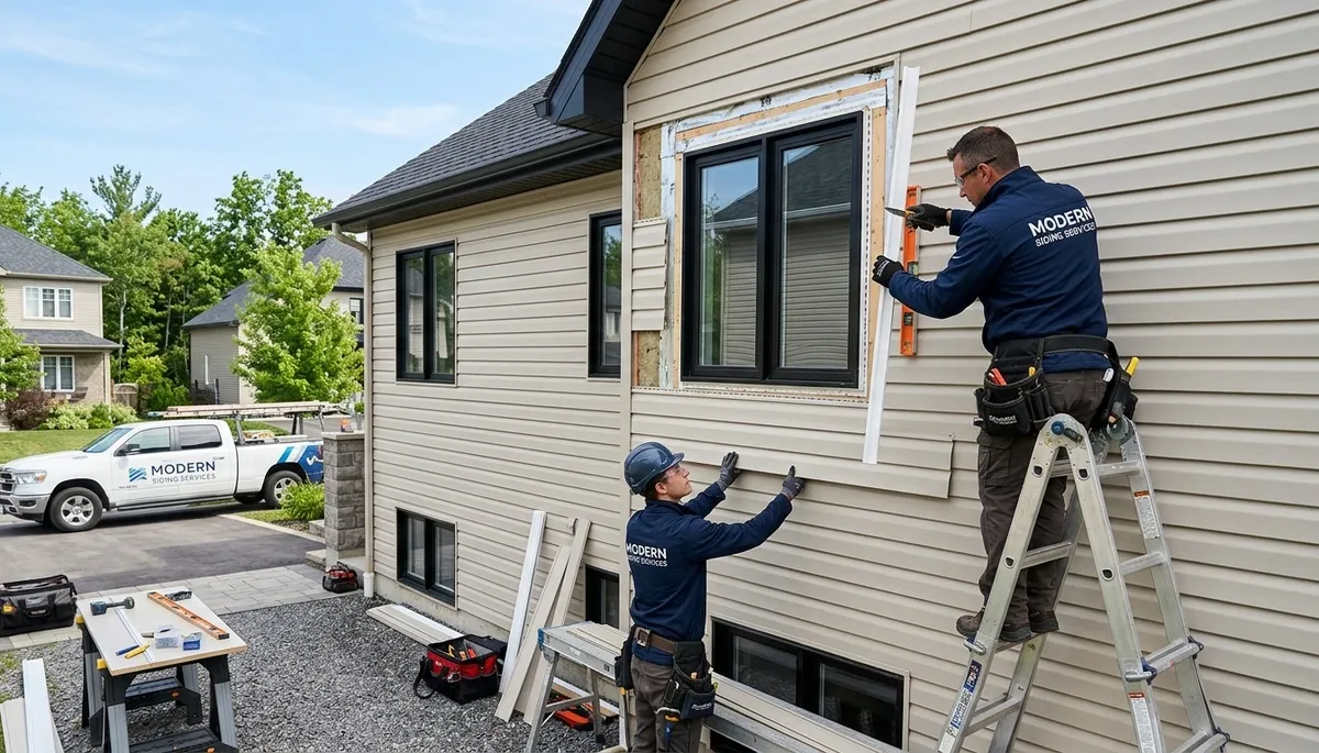 Vinyl siding and window repair specialists working on Orlando FL home exterior renovation